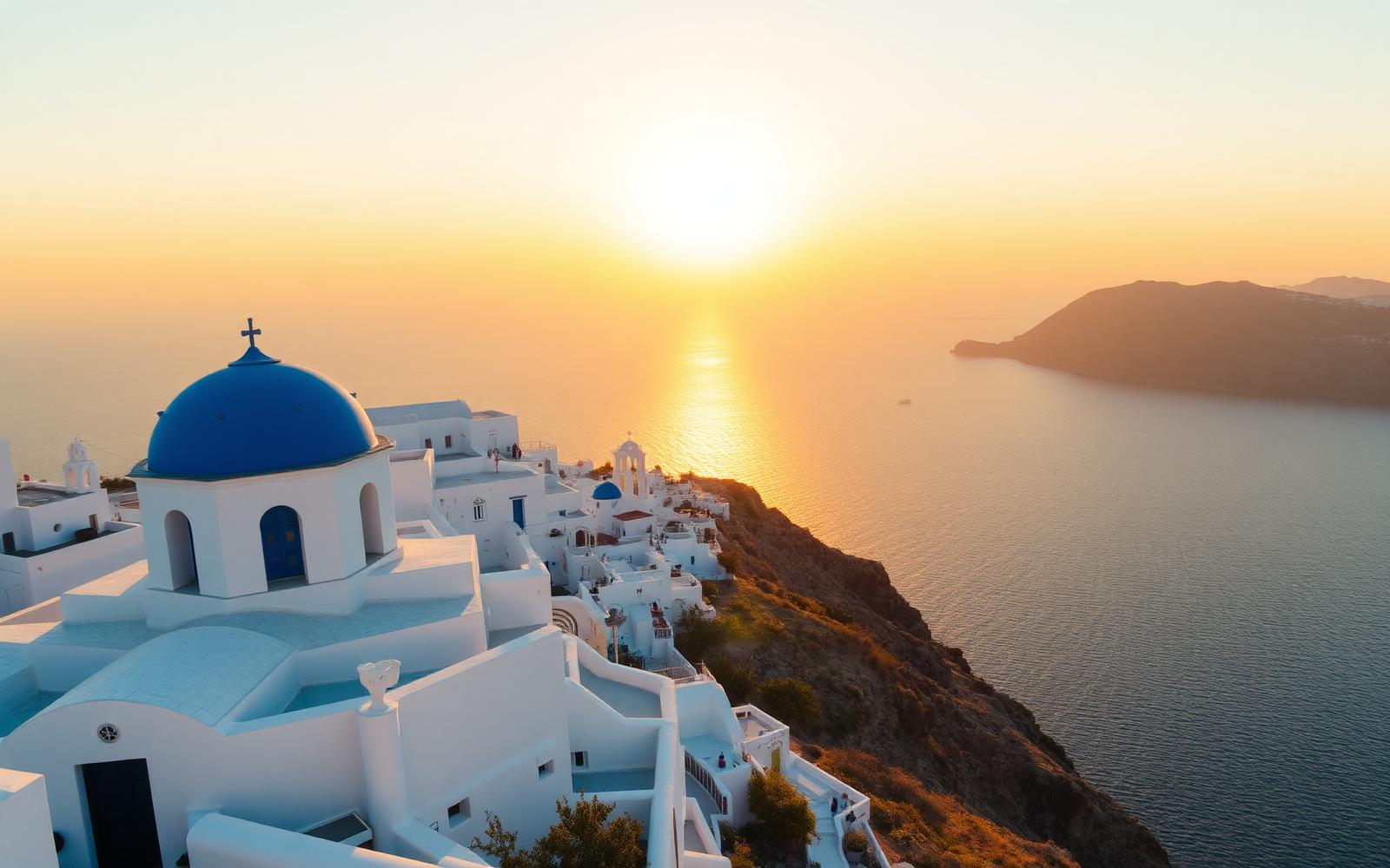 Santorini blue-domed church at sunset